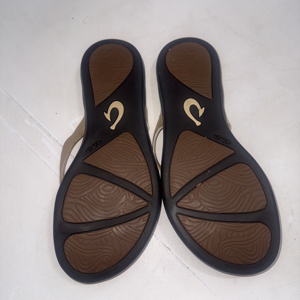 Olukai Ho'opio Gold Brown Leather Strap Boho Flip Flops Sandals Women's Size 8 - Picture 10 of 11